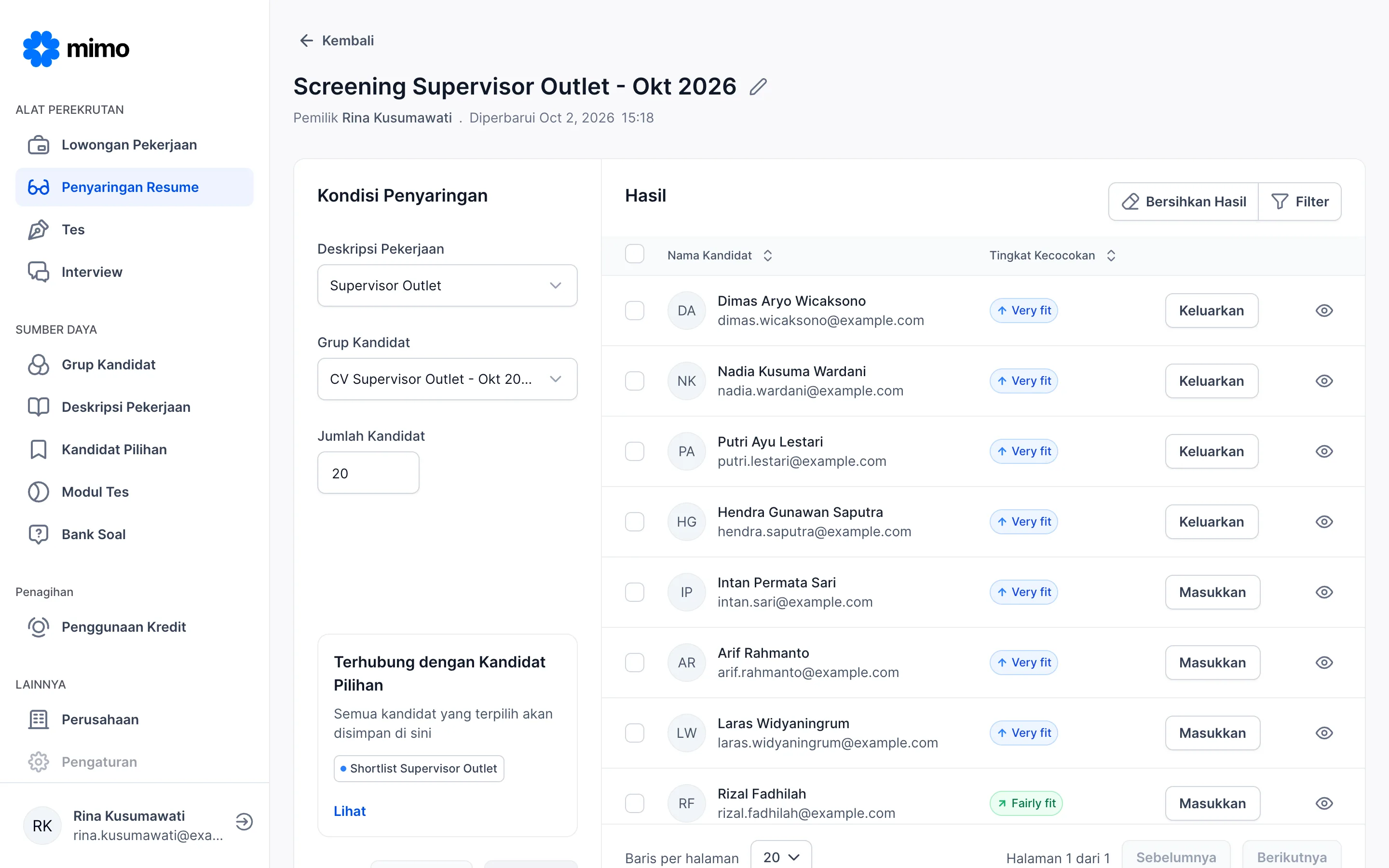 Hasil screening CV mimo Recruit: kandidat diurutkan berdasarkan kecocokan dengan job description