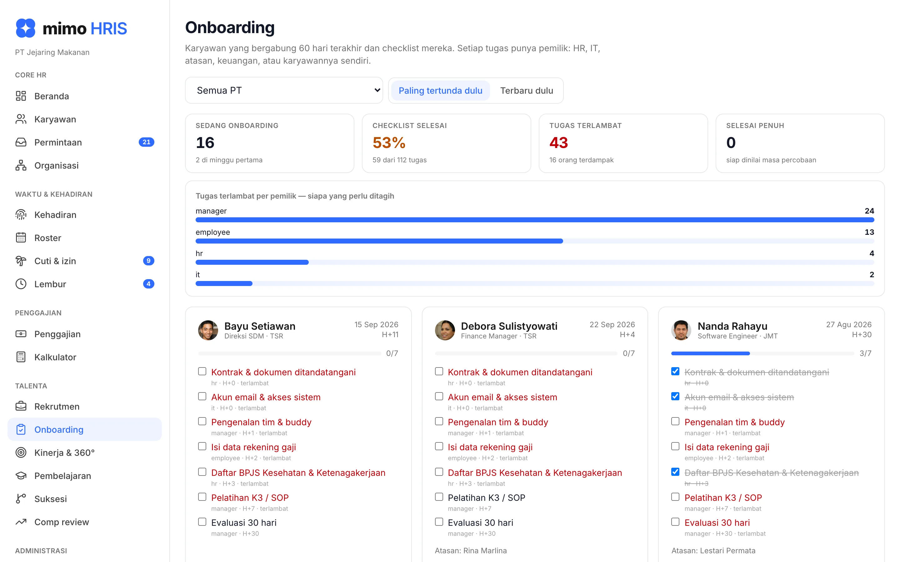 Checklist onboarding mimo untuk karyawan baru dengan tugas per penanggung jawab