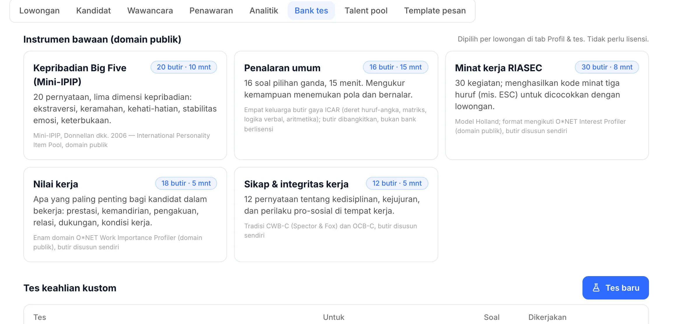 Bank tes mimo Recruit dengan lima instrumen psikometri bawaan dan tes keahlian kustom