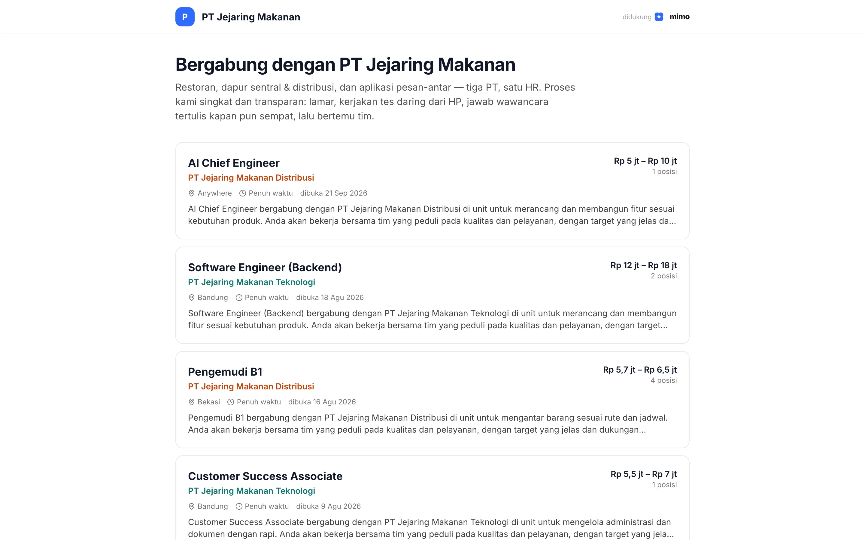 Halaman karier publik grup contoh di mimo Recruit dengan lowongan dari beberapa PT