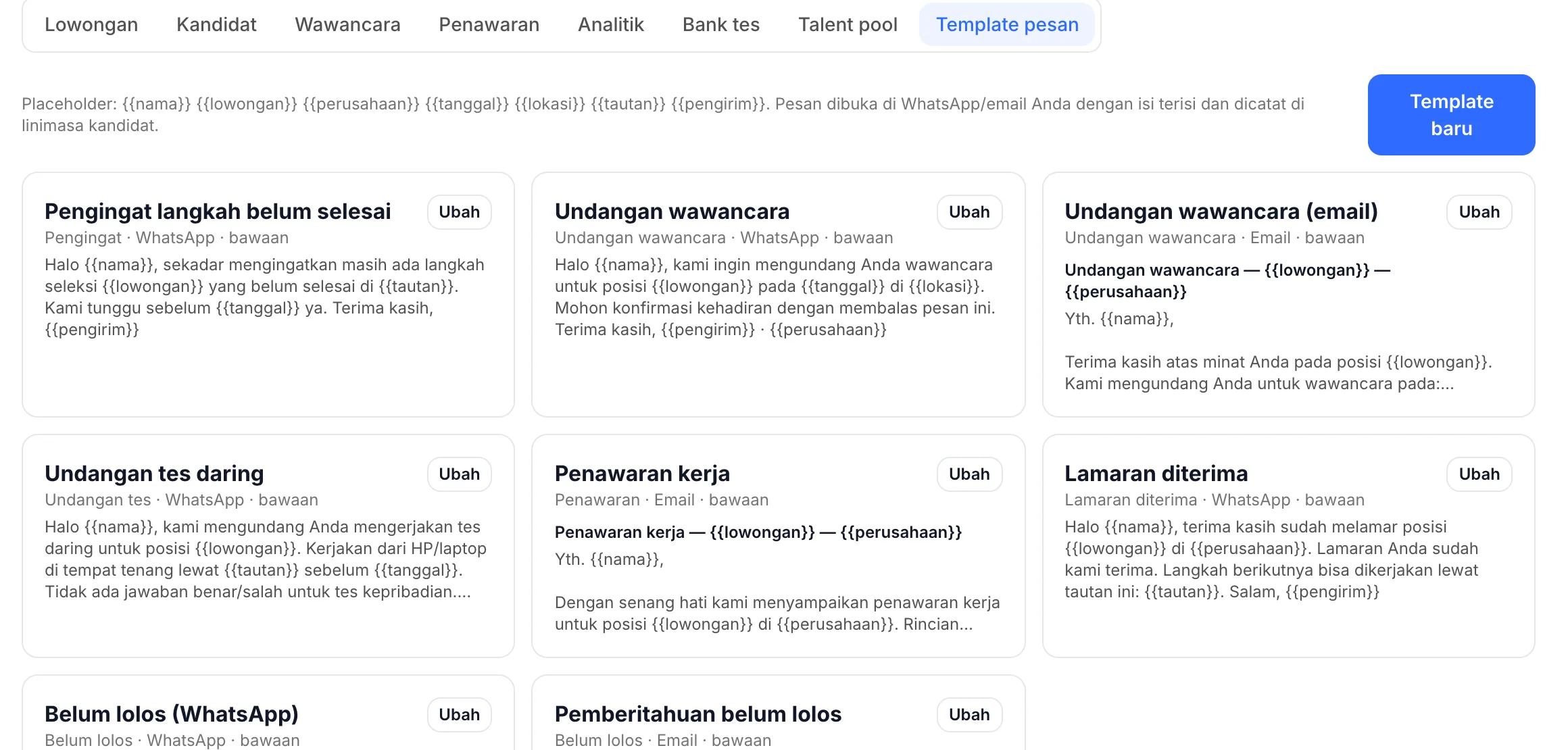 Template pesan WhatsApp dan email di mimo Recruit dengan placeholder nama, lowongan, dan tanggal