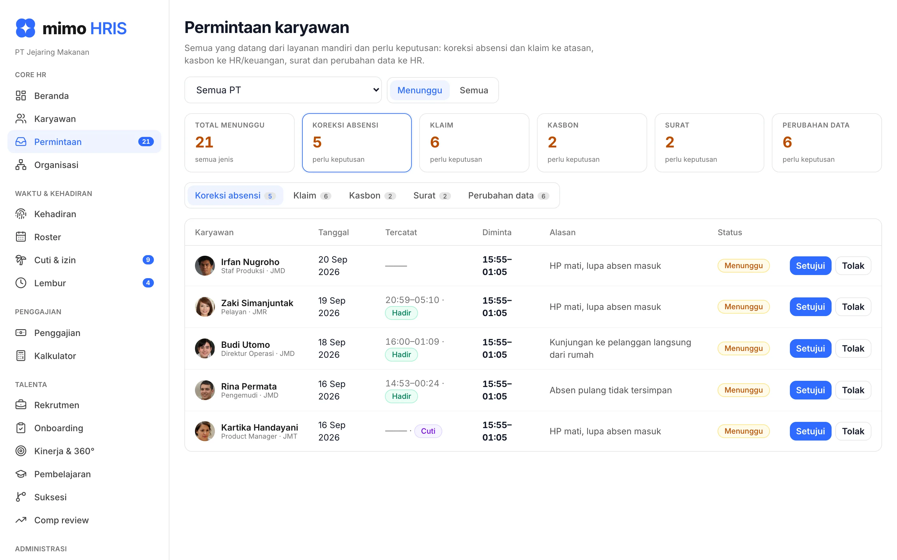 Antrean permintaan karyawan mimo HRIS: koreksi absensi, klaim, kasbon, surat, dan perubahan data